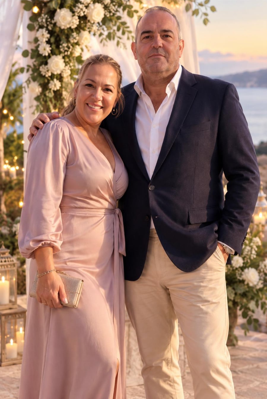Cinthya y David, de pie y abrazados, al atardecer junto al mar