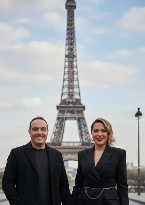 Cinthya y David de la mano en París, con la torre Eiffel detrás